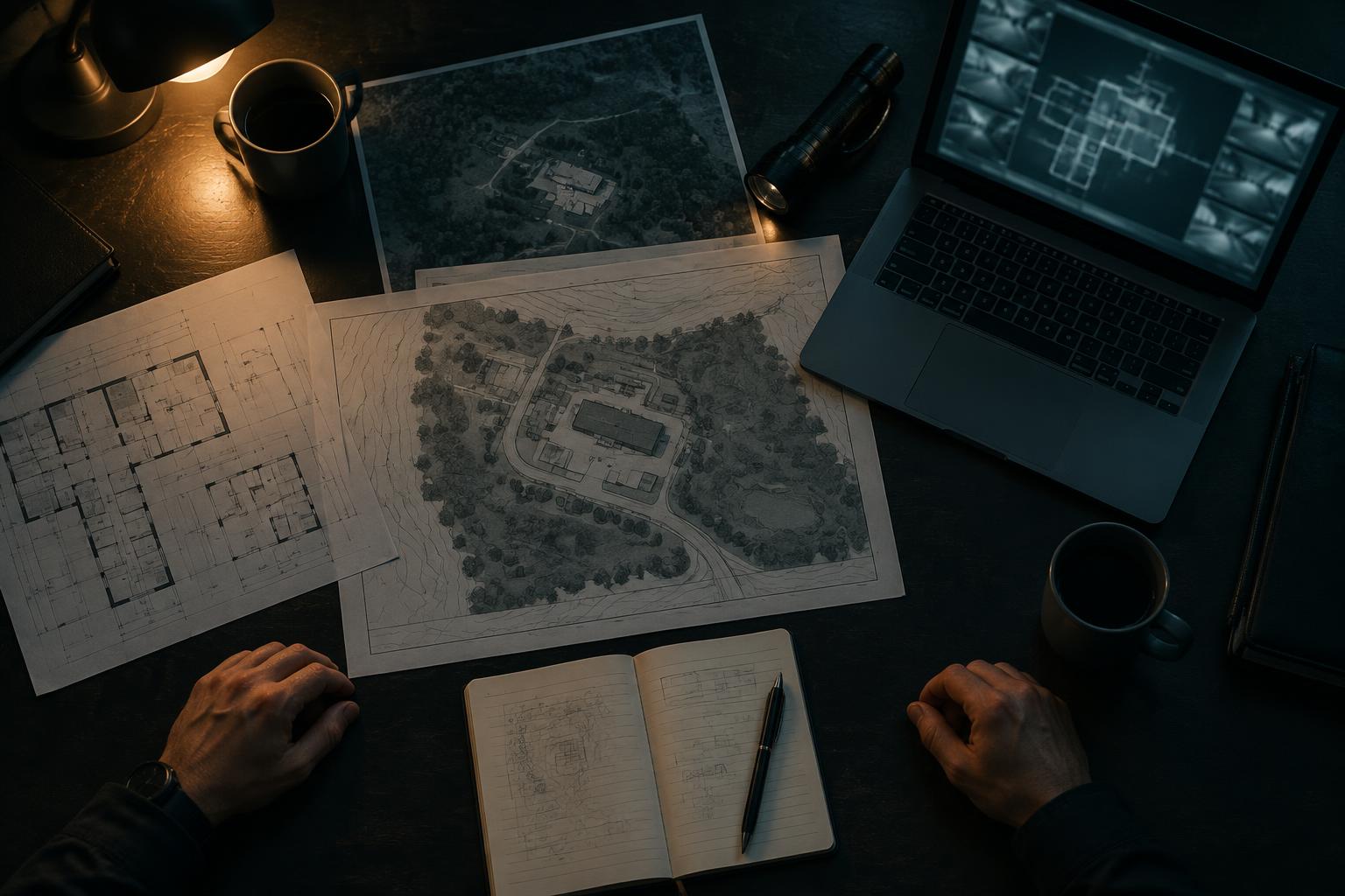 Site plans, a notebook and a flashlight on a desk during a consultation