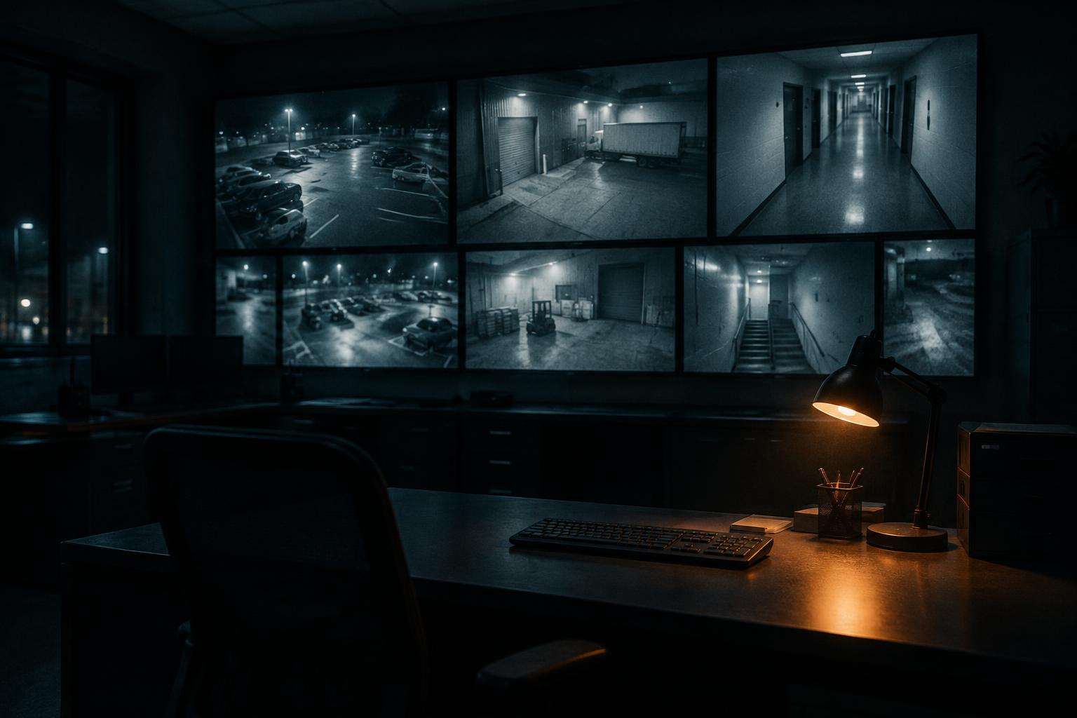 A security operations room at night with a wall of camera feeds