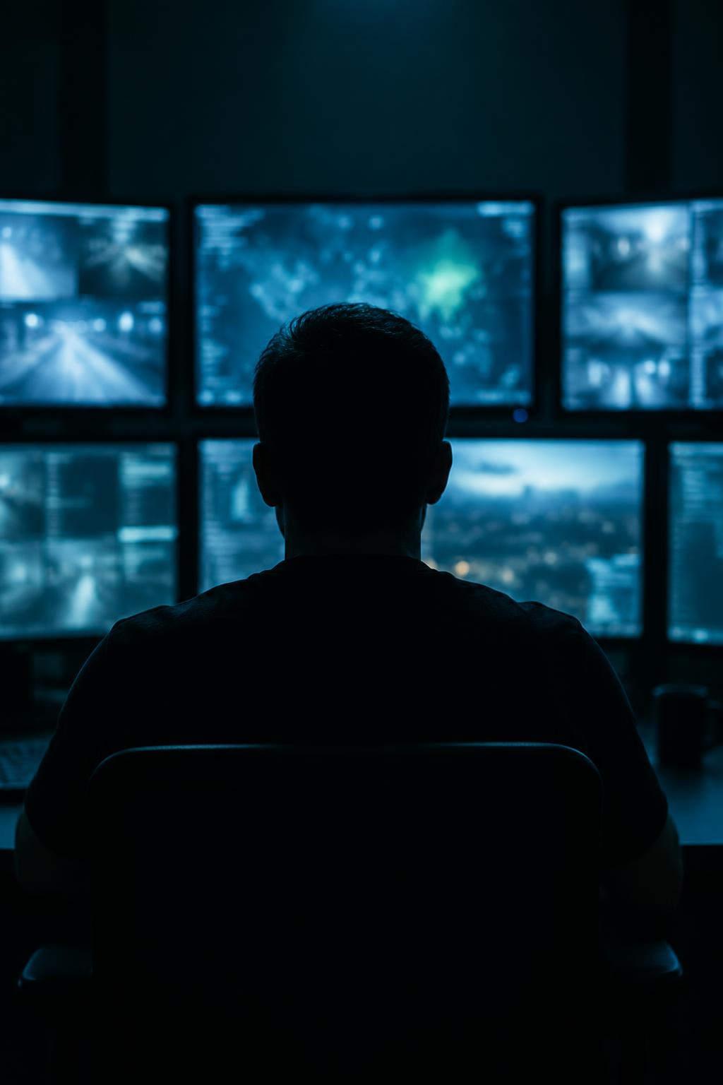 A monitoring specialist silhouetted in front of a bank of screens